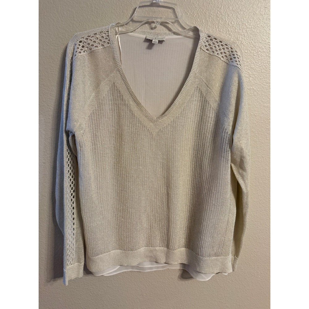 Lucky Brand Gold Metallic Linen Blend Crochet Layered V-Neck Sweater Large